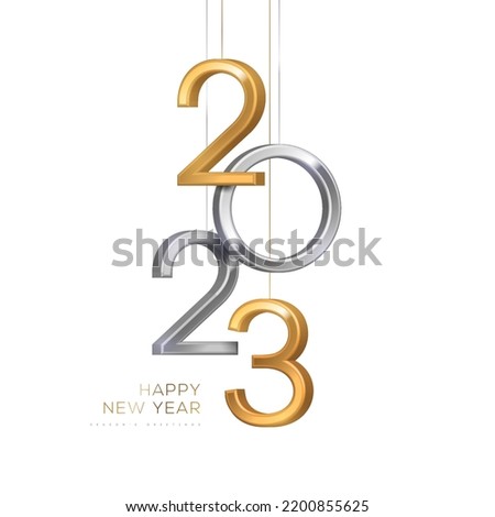 2023 silver and gold numbers hanging on white background. Vector illustration. Minimal logo invitation design for Merry Christmas and Happy New Year. Winter holiday poster brochure voucher template. Foto d'archivio © 