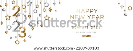 Christmas New Year banner with hanging gold and silver 3d baubles and 2023 numbers on white background. Vector illustration. Winter holiday poster, minimal geometric decorations. Place for text.
