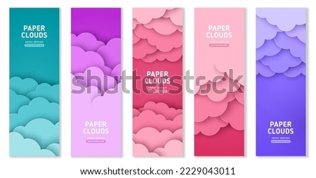 Pink romantic clouds, paper cut vertical banners set. Cloudy rose purple sky, vector illustration. Cloudscape border frame. Place for text. Happy Valentine's day dream fantasy paperart