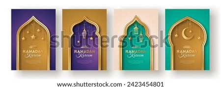 Ramadan Kareem concept poster set, gold 3d frame template, arab windows on color background, arabesque pattern. Vector illustration. Hanging golden arabian lanterns, moon and stars. Place for text.