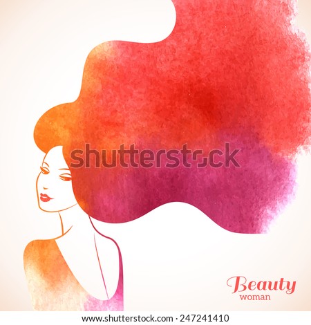 Watercolor Fashion Woman with Long Hair. Vector Illustration. Stylish Design for Beauty Salon Flyer or Banner. Girl Silhouette. Cosmetics. Beauty. Health and spa. Fashion themes.