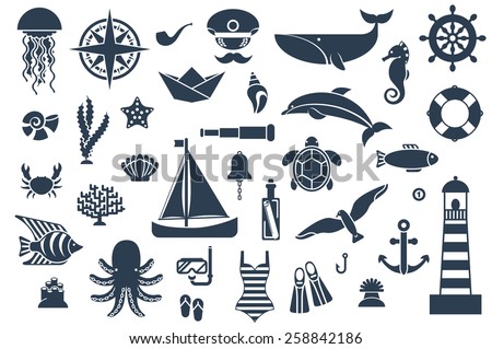 Flat icons with sea creatures and symbols. Vector illustration. 