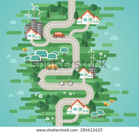 Flat Design Vector Illustration Concept of Ecology. Landscape with Buildings, Electric Cars and Nature Ecology Elements, Solar Panels, Wind Turbines. Eco City Map. Go Green. Save the Earth. Earth Day.