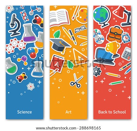 Back To School Vertical Banners Set With Flat Icons. Vector Illustration. Arts and Science Stickers. Education Concept. 