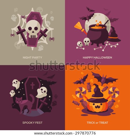 Set of Halloween Concepts. Vector Illustration. Orange Pumpkin and Spider Web, Witch Hat and Cauldron, Skull and Bones, Night Party. Trick or Treat.