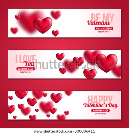 Valentines Day Horizontal Banners Set with Hearts for Holiday Design. Vector Illustration. Flying Shining Hearts. I love You, Happy Valentine\'s Day, Be My Valentine Concept.