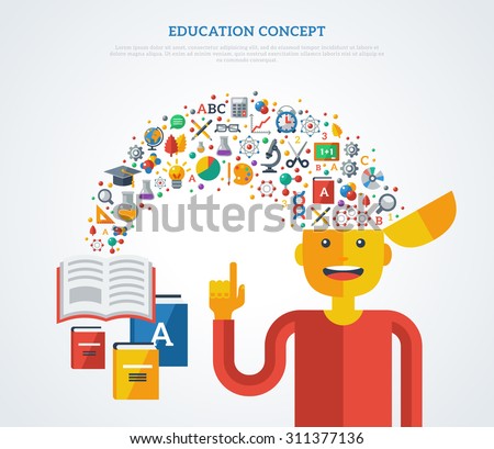 Creative concept of education. Vector illustration. Boy student with school icons and symbols flying from books into his head. Back to school. Learning process.