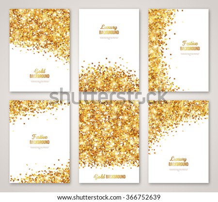 Set of White and Gold Banners, Greeting Card or Flyers Design. Gold Confetti Glitter. Vector illustration. Sequins Pattern. Lights and Sparkles. Glowing Holiday Festive Poster. Gift Cards Design