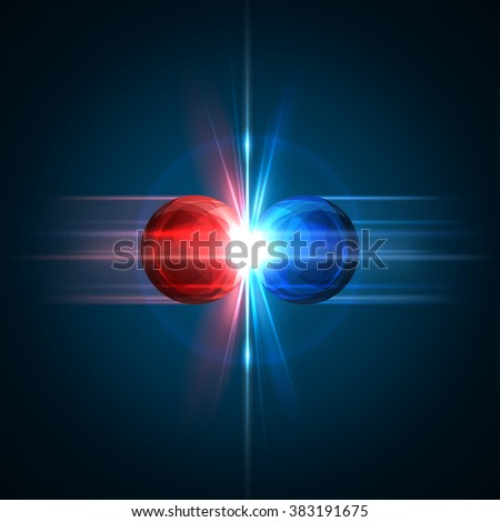 Frozen moment of two particles collision with red and blue light. Vector illustration. Explosion  concept. Abstract molecules impact on black background. Atomic Power. Nuclear reactions.