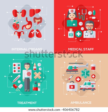 Flat Design Vector Illustration Concepts of Healthcare and Medicine. Internal Organs, Medical Staff, Patient Treatment, Ambulance Vehicles