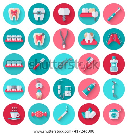 Dental Flat Icons Set in Circles. Vector Illustration for Dentistry and Orthodontics.