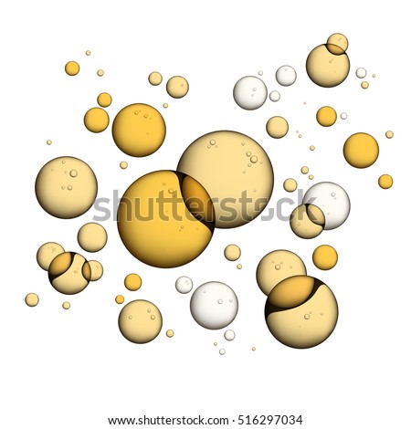 Oil Bubbles Isolated on White Background, Closeup Collagen Emulsion in Water. Vector Illustration. Gold Serum Droplets.