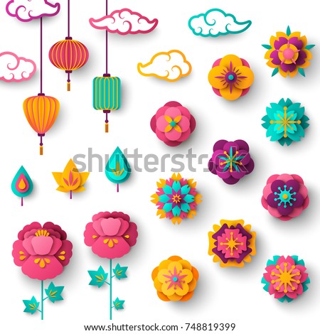 Chinese Decorative Icons, Clouds, Flowers and Lights in Modern 3d Paper cut style. Vector Illustration. Sakura, Peony and Lanterns.
