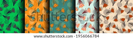 Set of seamless patterns with crocuses and leaves. Saffron flower. Multicolored floral ornaments, print for fabric, wallpaper, wrapping paper. Vegetable summer, spring background. Stock vector