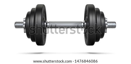 Black rubber metal Dumbbell with shadow. 3d rendering illustration isolated on white background. Gym, fitness and sports equipment symbol Foto stock © 