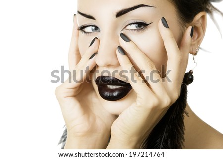 Cosmetics and visage. Beautiful girl with matte black nail polish and glamour accessory close up on white background