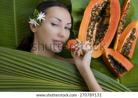 Beautiful caucasian woman having fresh papaya natural facial mask apply, skin care and wellness. Fresh papaya fruit. Facial mask of papaya slices at spa salon.