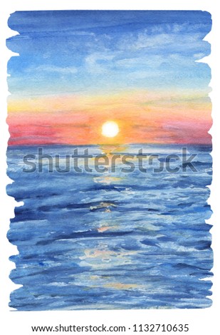Watercolor painting the background of sea sunset view with jagged edges and brush marks.