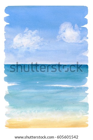 Watercolor painting the background of sea view with jagged edges and brush marks. Sea sand beach under blue sky with clouds.