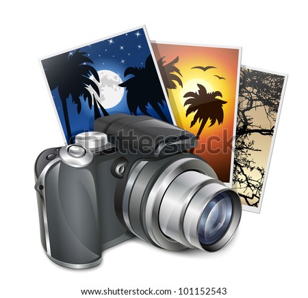 Photo camera and photos. Professional vector illustration