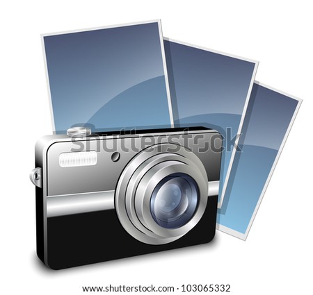 Digital compact photo camera and photos. Vector illustration