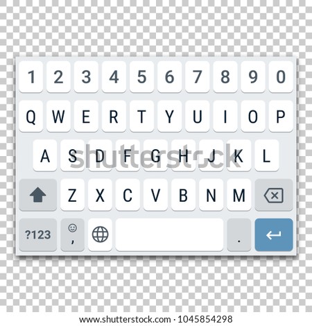 Template of virtual keyboard for smartphone with QWERTY layout, uppercase letters and number row. Vector illustration of keypad mockup for tablet or other mobile device