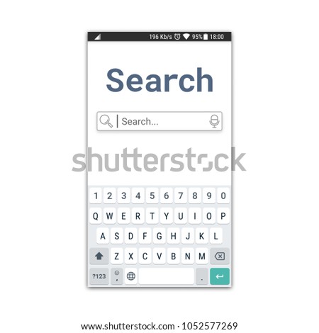 Search application template or web browser window with a virtual keyboard for mobile devices. Web page design with search field and voice typing icon. Vector illustration