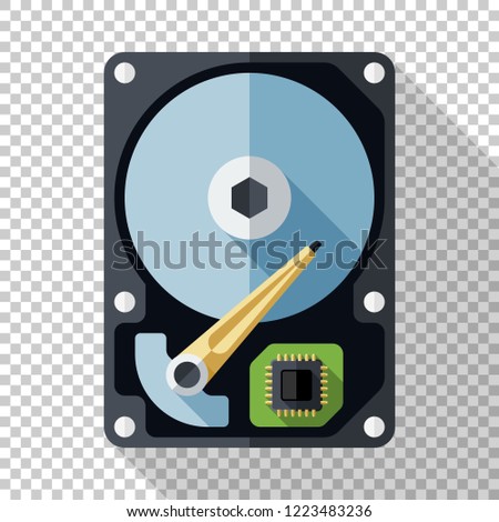 Hard disk drive or HDD icon in flat style with long shadow on transparent background