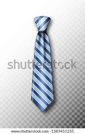 Striped tie with soft shadow on a fading white background. Template for Father's Day greeting card with blue striped necktie. Realistic vector illustration