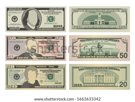 Set of one hundred dollars, fifty dollars and twenty dollar bills. 100, 50 and 20 US dollars banknotes from front and reverse side. Vector illustration of USD isolated on white background