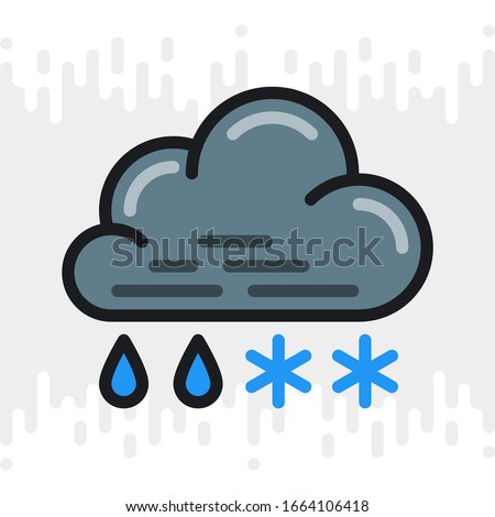 Rain with snow or sleet icon for weather forecast application or widget. Cloud with raindrops and snowflakes. Color version on light gray background