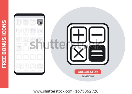 Calculator application icon for smartphone, tablet, laptop or other smart device with mobile interface. Simple black and white version. Contains free bonus icons