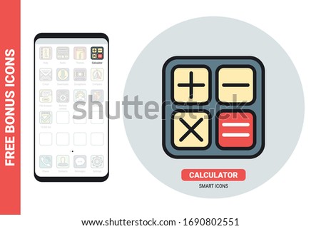 Calculator application icon for smartphone, tablet, laptop or other smart device with mobile interface. Simple color version. Contains free bonus icons