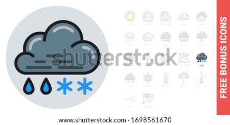 Rain with snow or sleet icon for weather forecast application or widget. Cloud with raindrops and snowflakes. Simple color version. Free bonus icons kit included