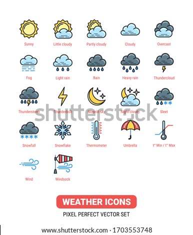 Weather icons kit. Icon set for application, widget or web site for weather forecasting. Color version of the icons on white background.