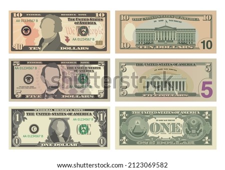 Set of ten dollars, five dollars and one dollar bills from both sides. 10, 5 and 1 US dollars banknotes. Business, banking and success concept. Vector illustration of USD isolated on white background