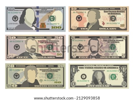 Set of One Hundred, Fifty, Twenty, Ten, Five Dollars and One Dollar bills from obverse. 100, 50, 20, 10, 5 and 1 US dollars banknotes. Vector illustration of USD isolated on white background