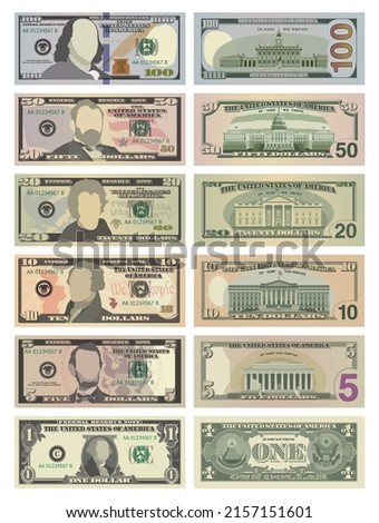Set of One Hundred, Fifty, Twenty, Ten, Five Dollars and One Dollar bills on both sides. 100, 50, 20, 10, 5 and 1 US dollars banknotes. Vector illustration of USD isolated on white background