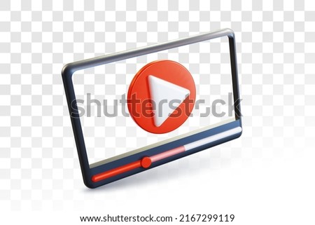 Minimal video player or media player interface in perspective view, social media concept. Realistic 3D vector illustration on transparent background