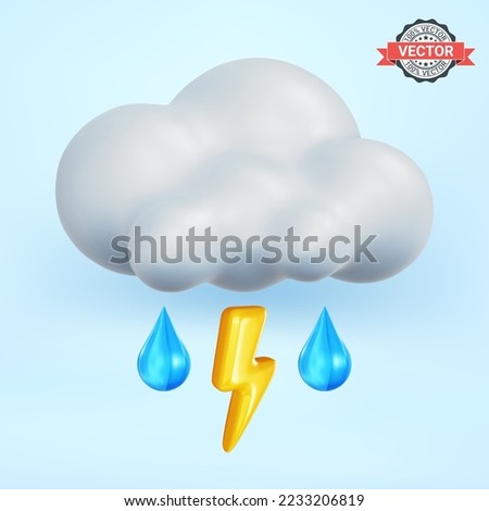 Storm cloud icon with lightning and raindrops over blue sky background. Realistic 3d vector illustration