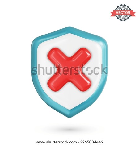 Incorrect sign or wrong mark icon. Shield shape with red cross. Realistic 3D vector illustration on white background