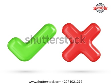 Green tick and red cross. Correct and incorrect signs, right and wrong mark icons. Realistic 3D vector illustration on white background