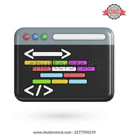 Program code development icon. Web coding or website programming concept. Web browser window or IDE application with a dark theme and source code displayed in it. Realistic 3D vector illustration