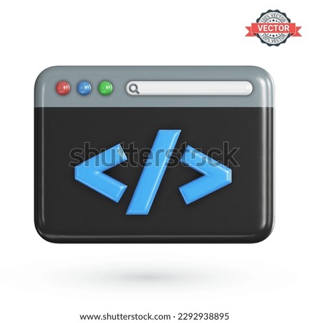 Program code development icon. Web coding or website programming concept. Web browser window or IDE application with a dark theme isolated on a white background. Realistic 3D vector illustration