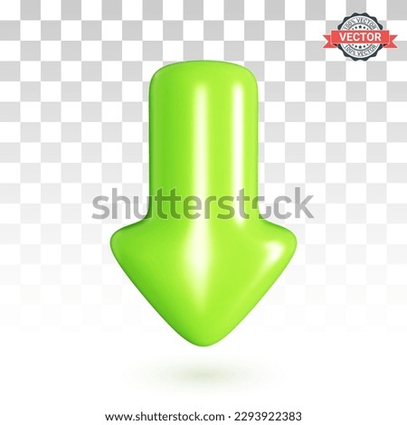 Glossy green arrow icon pointing down. Realistic 3D vector graphics isolated on transparent background
