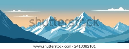 Beautiful mountain landscape, panorama of snow-covered mountains on the background of clear sky. Vector illustration
