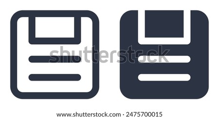 Set of Save or Save As icons depicting a floppy disk in filled, outline, line and stroke style