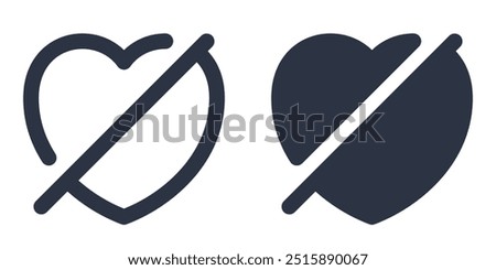 No Favorites or Crossed-Out Heart simple icons set designed in filled, outline, line and stroke style