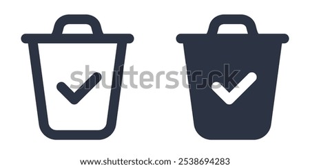 Approved Trash Bin or Trash Bin with Check Mark simple icons set designed in filled, outline, line and stroke style