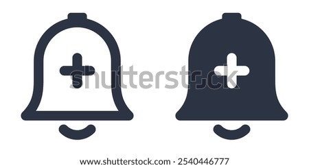 Bell with Plus or Add Notification simple icons set designed in filled, outline, line and stroke style